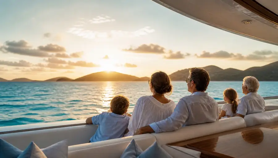 A family watching the Caribbean sunset together from a yacht