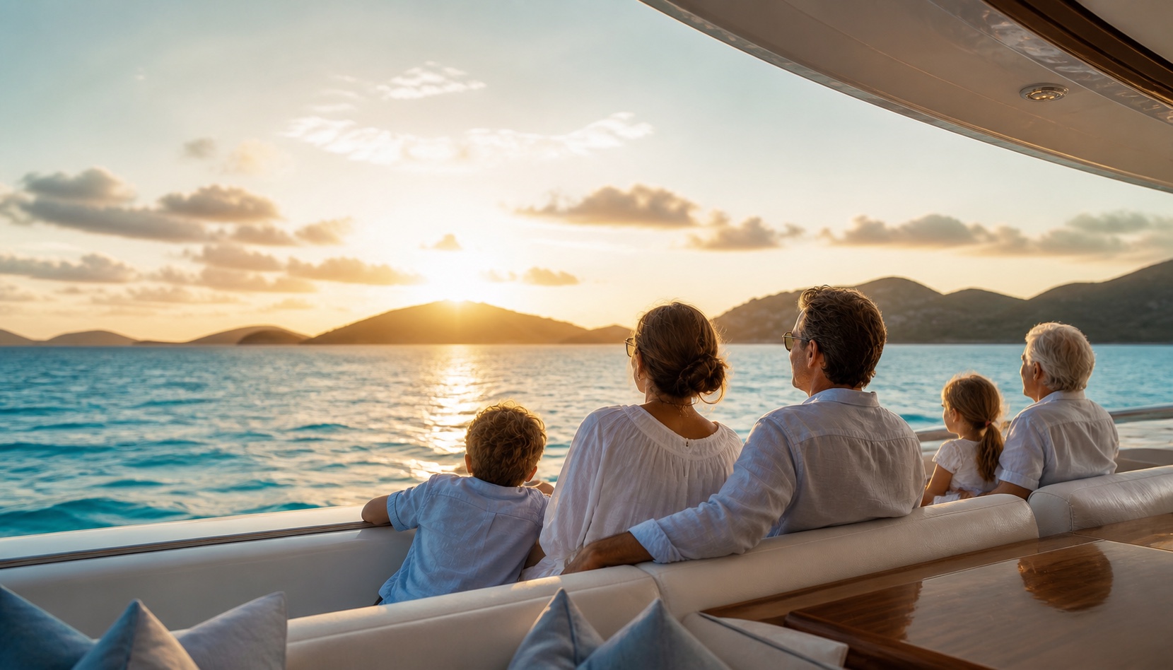 A family watching the Caribbean sunset together from a yacht